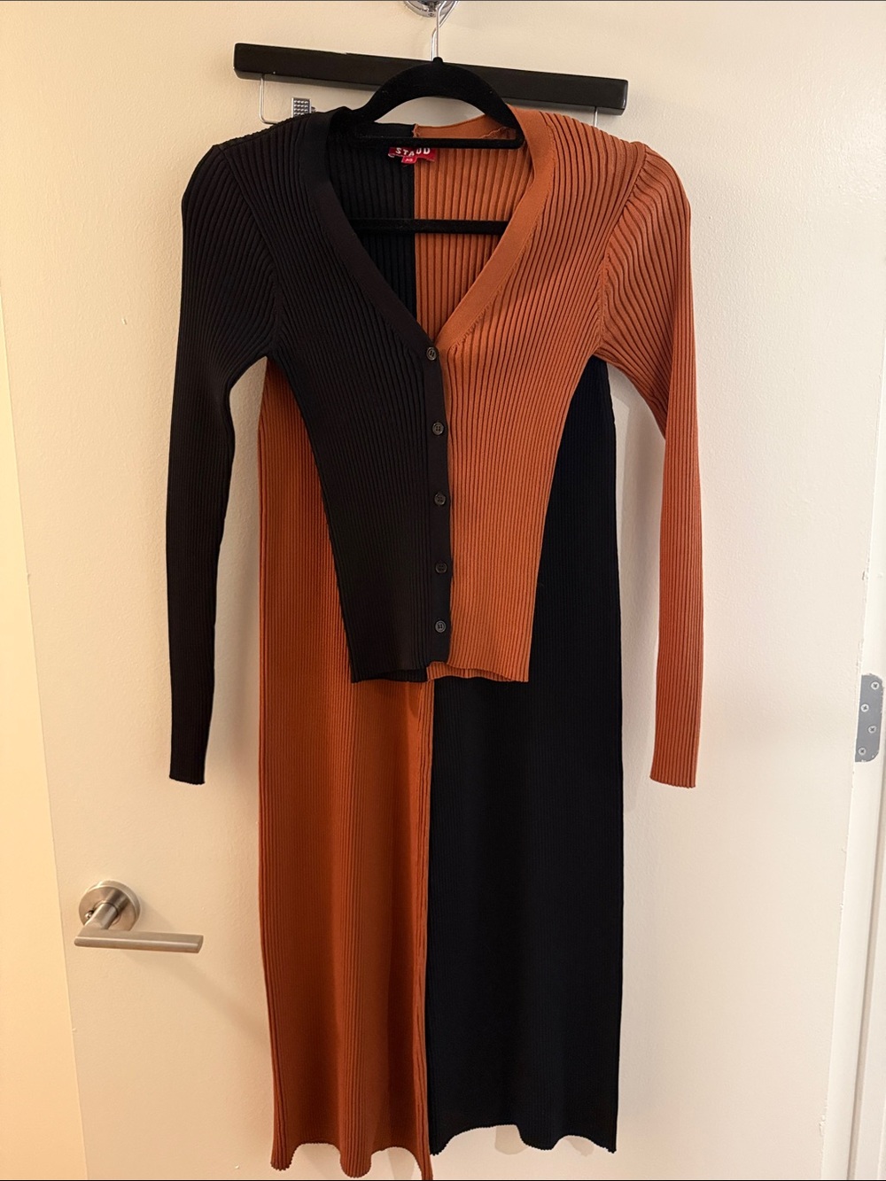 Staud Colorblock Ribbed Button-Front Cardigan and Pants SET- Black & Rust